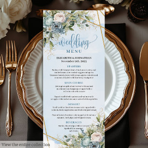 Chic Dusty Blue Flowers White Dourado Menu Casamen