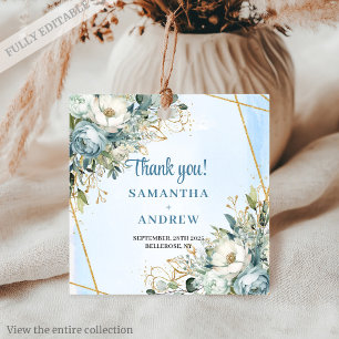 Chic Dusty Blue Peony Moldura Dourada Etiqueta de