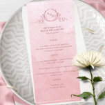 Chic Dusty Rosa Watercolor, Menu de Casamento Mono<br><div class="desc">Aprecie seus hóspedes com este lindo cardápio poeirento de cor d'água, com elegante monograma botânico desenhado à mão com casais sobre um requintado fundo de lavagem de cor d'água em uma bela mistura de rosa poeirento e matizes cor-de-rosa. Fácil de preencher modelo com seus detalhes e menu e solicitar seus...</div>