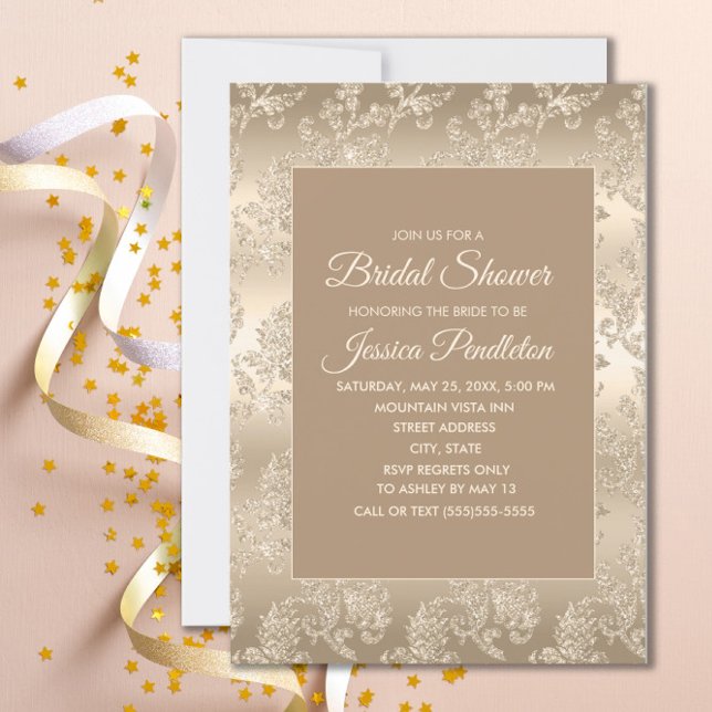 Chic Elegante Champanhe Dourado Convite de Noiva V (Gold damask bridal shower invitation
)