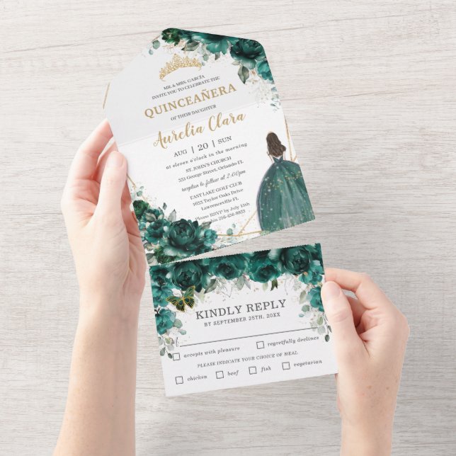 Chic Emerald Green Floral Princesa Quinceañera (Tearaway)