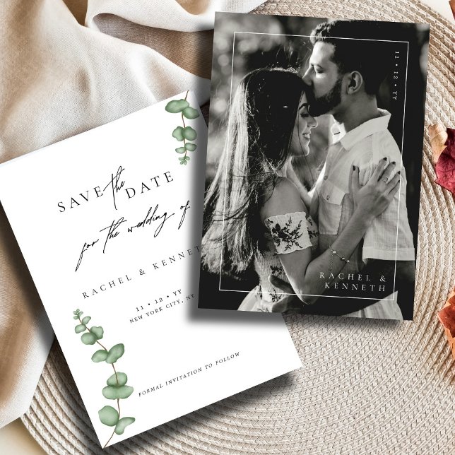 Chic Eucalyptus Black & White Photo Save the Date  (Criador carregado)