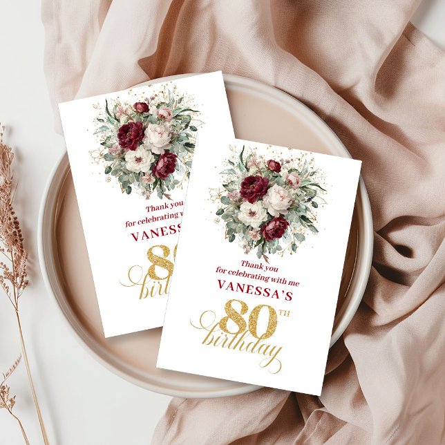 Chic Floral Blush Borgonha Agradecimento de 80 Ano (Chic Floral Blush Burgundy 80th Birthday Thank You Card)