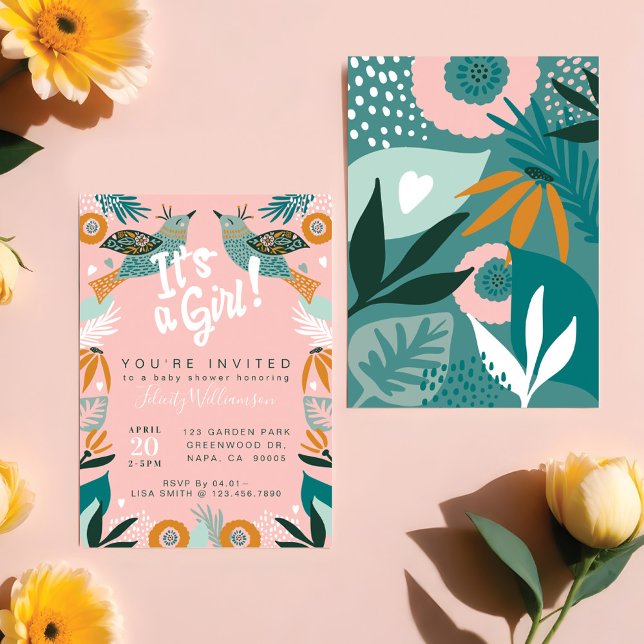 Chic Floral Botânica Chá de fraldas Convite (Chic Floral Botanical Bird Baby Shower Invitation)