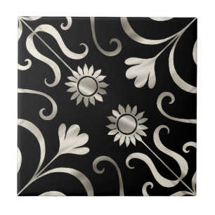 Chic Floral Damasco Negro Prata Negra