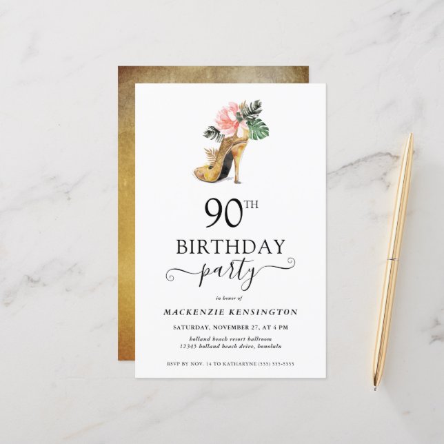 Chic Floral Dourada High Heels 90 de Aniversário (Frente/Verso In Situ)