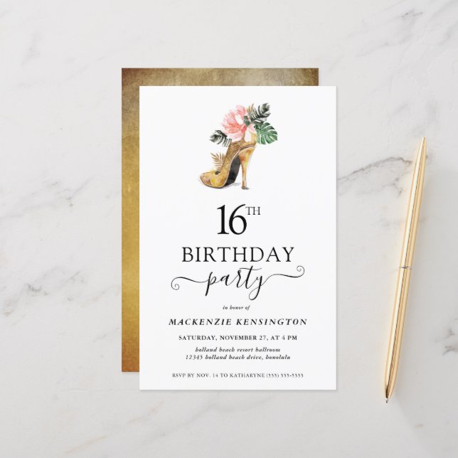 Chic Floral Dourado Alto Saltos 16º Aniversário (Frente/Verso In Situ)