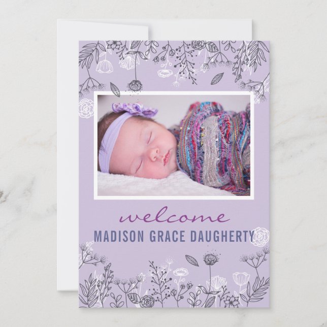 Chic Floral Purple Announment Card (Frente)