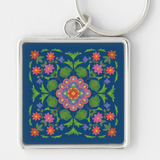 Chic Floral Rangoli na Deep Blue Square Chaveiro (Frente)