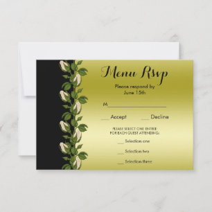 Chic Floral Romântico Dourado & Preto Menu RSVP