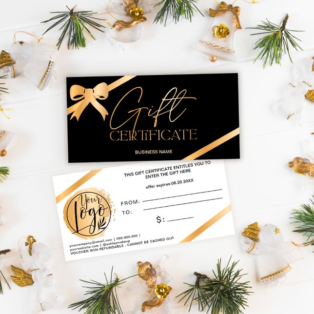 Chic gold foil ribbon black logo gift certificate (Criador carregado)