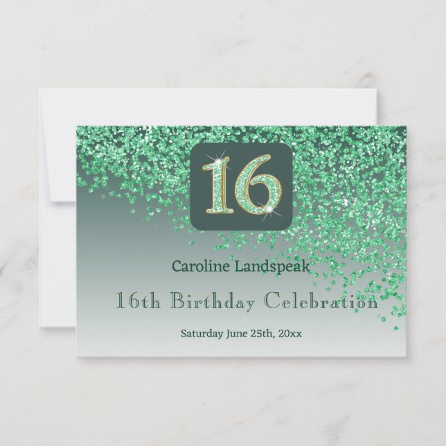 Chic Green Glitter, 16 Aniversário RSVP (Frente)