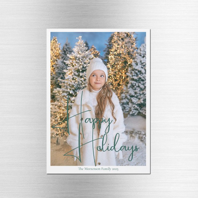 Chic Happy Holidays Green Script Photo Magnet Card (Criador carregado)
