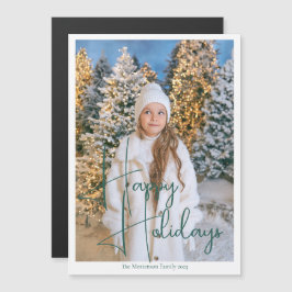 Chic Happy Holidays Green Script Photo Magnet Card