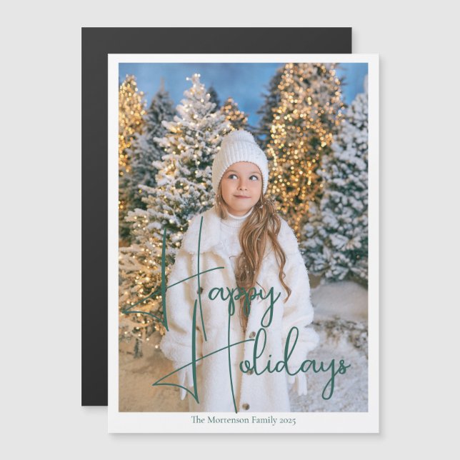 Chic Happy Holidays Green Script Photo Magnet Card (Frente/Verso)