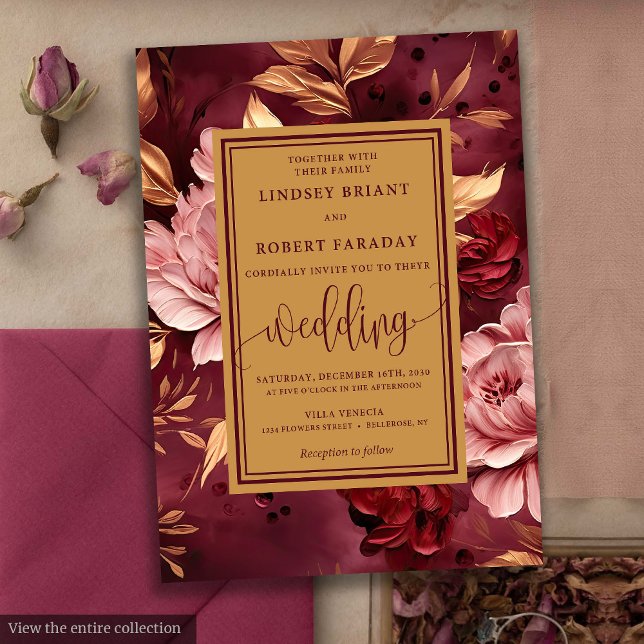 Chic Lux Burgundy Blush Dourado Convite de casamen (Chic Lux Burgundy Blush Gold Floral Wedding Invitation)