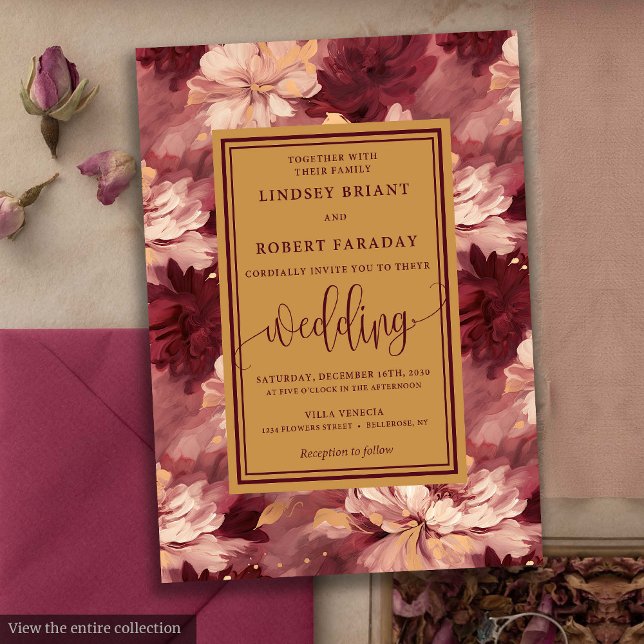 Chic Lux Burgundy Blush Dourado Convite de casamen (Chic Lux Burgundy Blush Gold Floral Wedding Invitation)