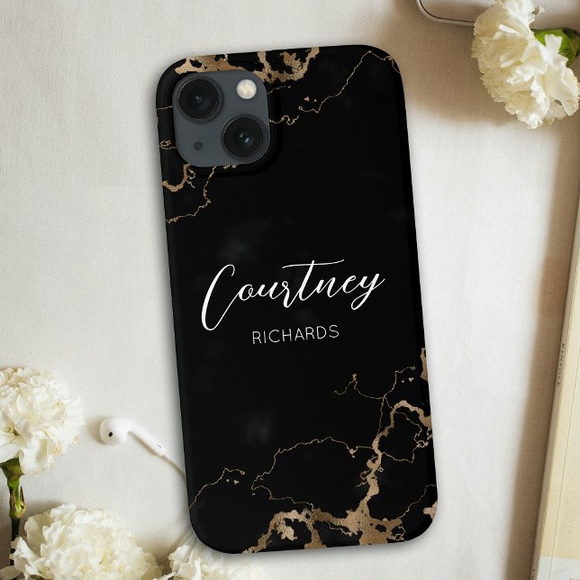 Chic Marble Black & Dourado Glitter Monograma Name (Gold glitter and black marble personalized phone case with custom name or logo)