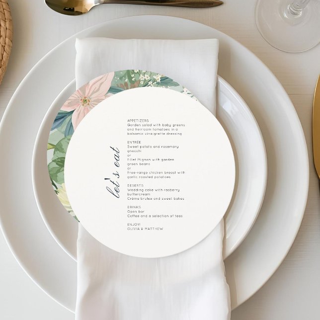 Chic Monogram Round Wedding Floral Menu Flat Card (Criador carregado)