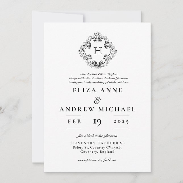 ChIc Monograma Branco Negra Crest Convite De Casam (Frente)