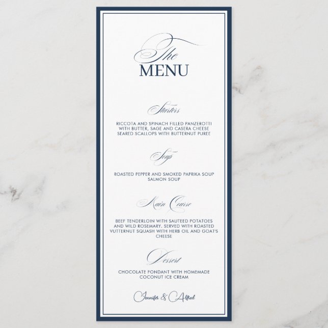 Chic Navy Blue Old Money Wedding Dinner Menu Card (Frente)