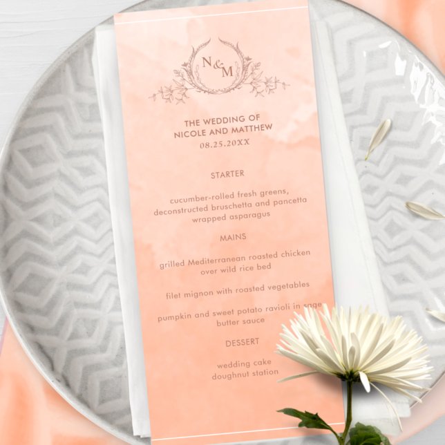 Chic Peach Watercolor, Monogram Wedding Menu (Criador carregado)