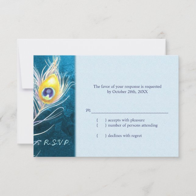 Chic Peacock Feather Blue Weding RSVP (Frente)