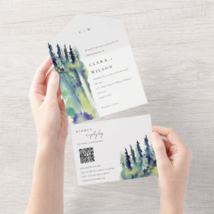 Chic Pine Tree Mountain Landscape Casamento QR Cod
