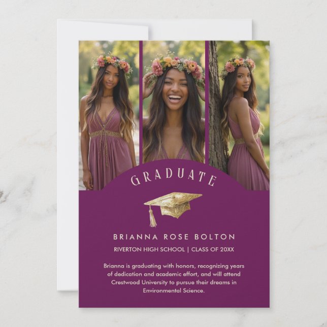 Chic Plum Graduate Collage 3-Photo Graduation Cap (Frente)