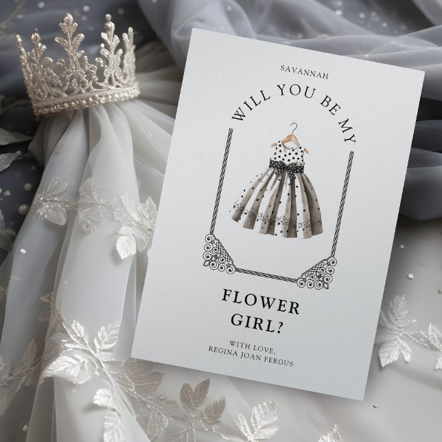 Chic Polka Dots Flower Girl Dress Ornate Dome (Luxurious Chic Black & White Polka Dots Flower Girl Dress on an Ornate Dome Effect Proposal Card.)
