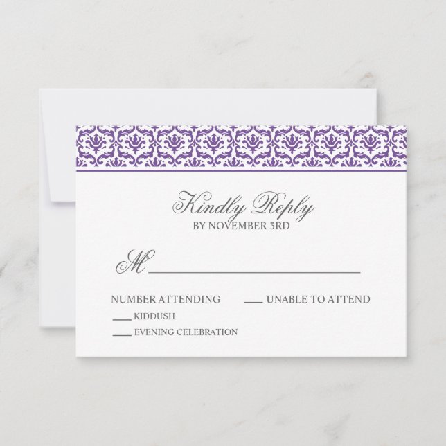 Chic Purple Damask Bat Mitzvah RSVP (Frente)