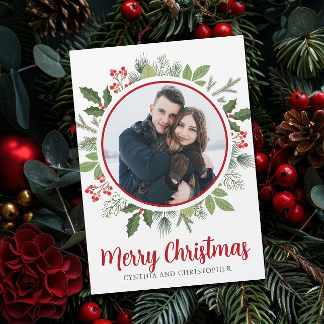 Chic Red Holly Christmas Wreath Magnet Card (Criador carregado)