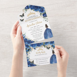 Chic Royal Blue Floral Dourada Quinceanera Princes