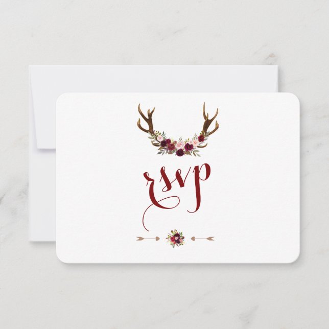 Chic Rustic Burgundy Marsala Floral Antlers RSVP (Frente)