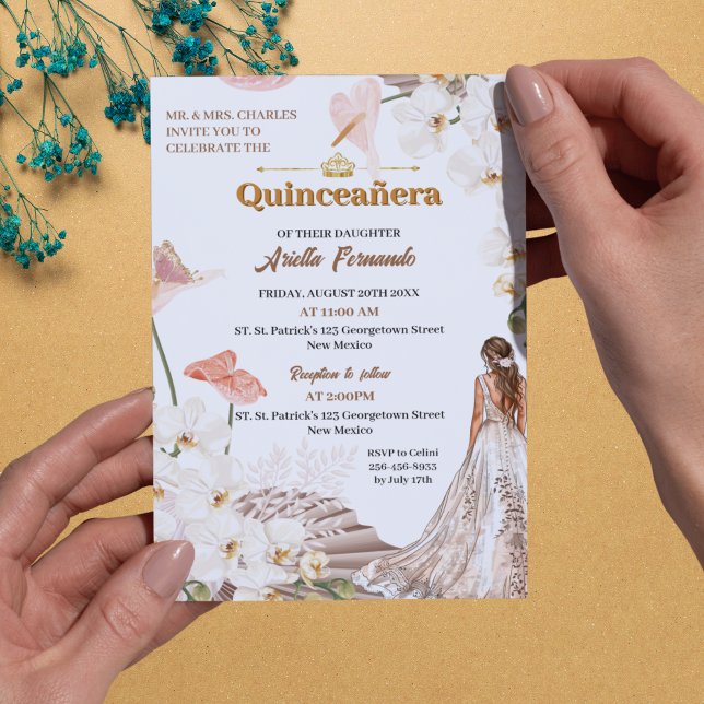 Chic Sage & Blush Floral Quinceañera Convite (Chic Sage & Blush Floral Quinceañera Invitation with Gold Accents)