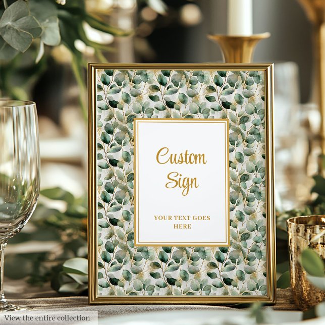 Chic Sage Green deixa a Poster personalizada de ca (Chic Sage Green Gold Leaves Wedding Custom Poster)