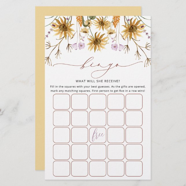 Chic Sunflower Floral Bridal Bingo Game (Frente/Verso)
