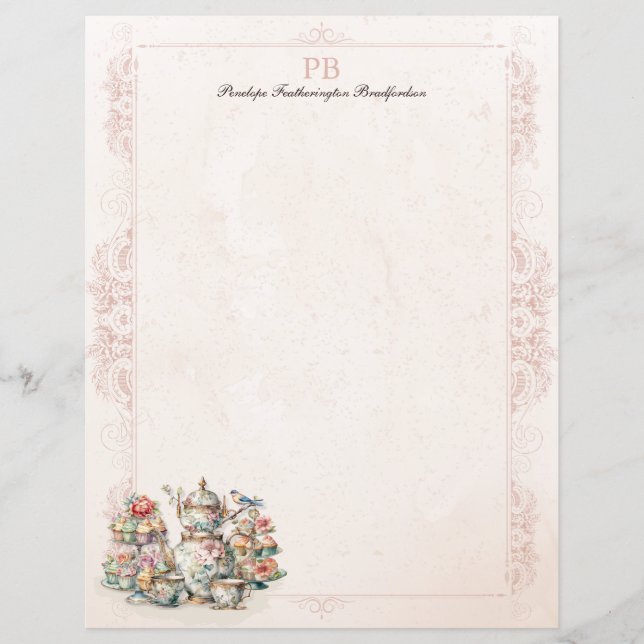 Chic Victorian Tea Monogrammed Stationery Paper (Frente)