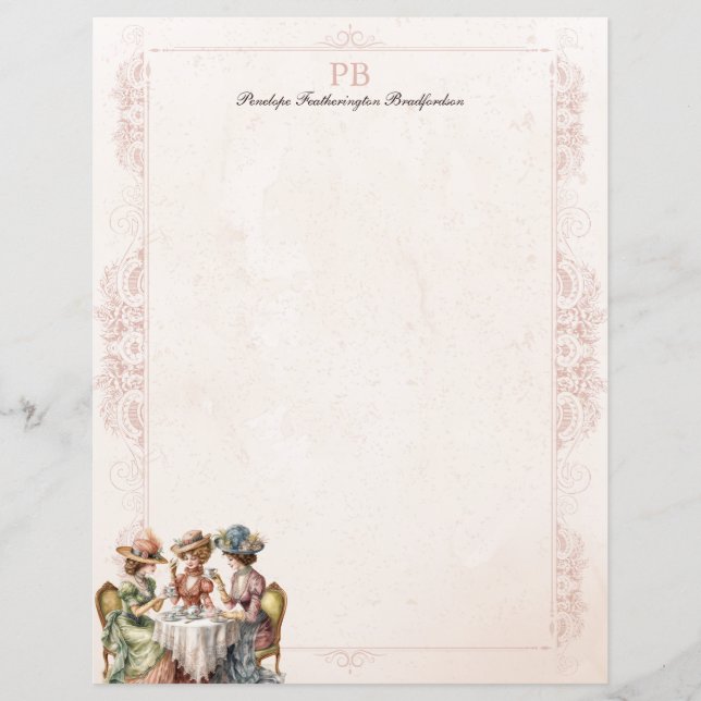 Chic Vintage Lady Tea Monogramed Stationery Paper (Frente)