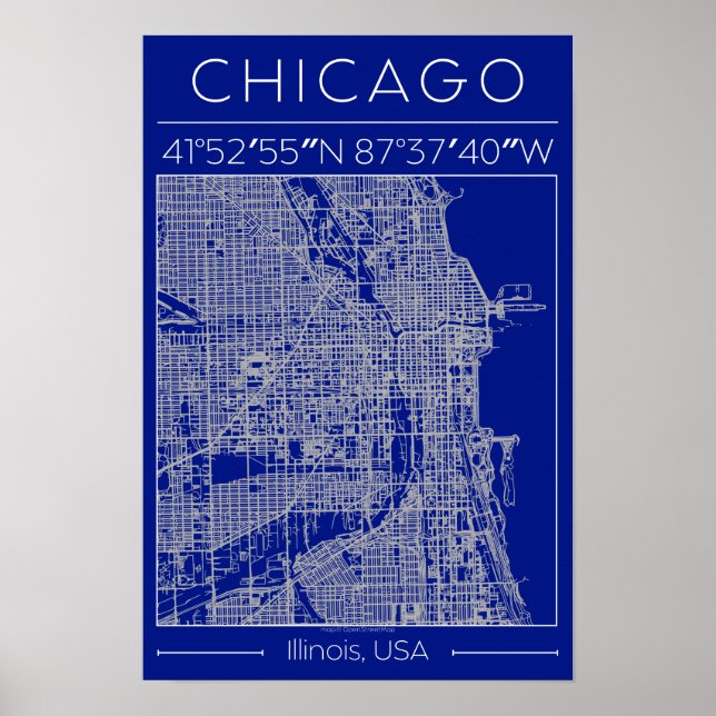 Chicago Blueprint City Map Poster Blue Minimalist (Frente)
