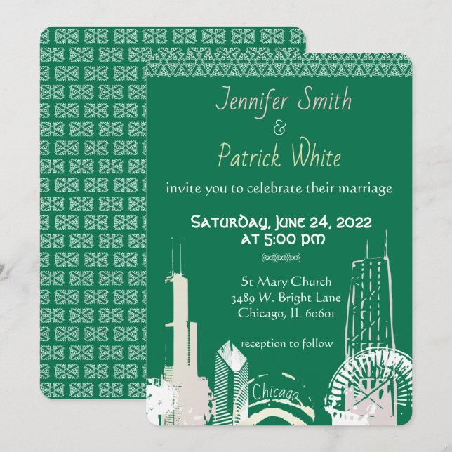 Chicago Skyline emerald lace elegante Convite (Frente/Verso)