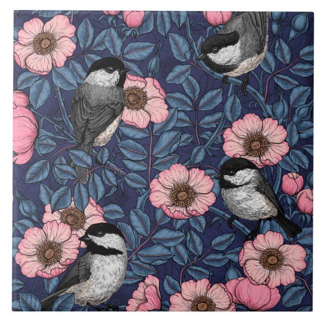 Chickadees in the wild rose in pink and blue (Frente)