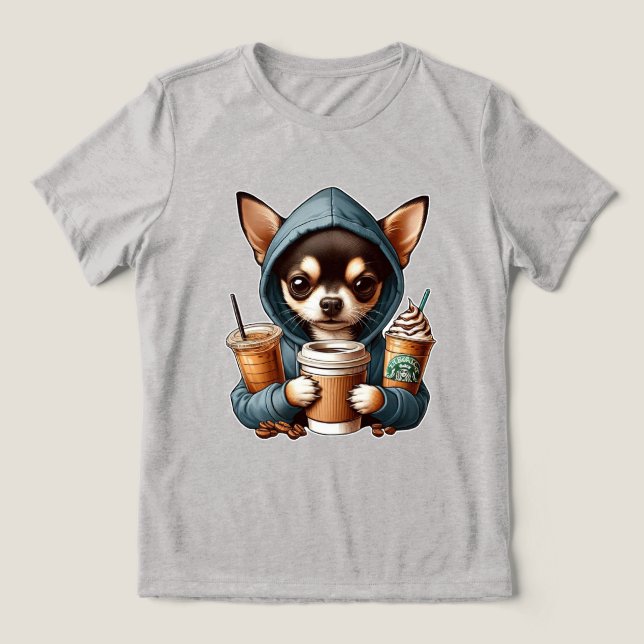 Chihuahua em camisola caseira segurando café (Design frontal)