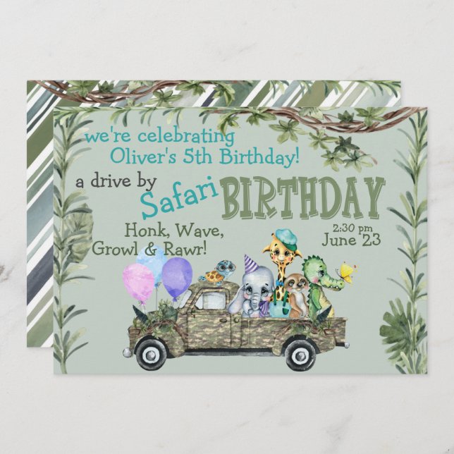 Childs Safari Happy Birthday Parade Convite (Frente/Verso)