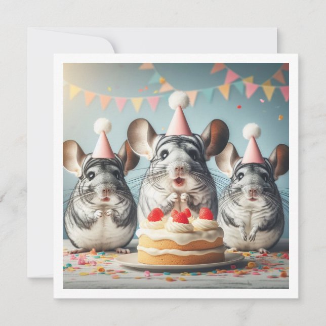 Chinchillas comendo bolo convite de aniversário (Frente)