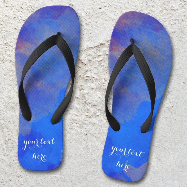 Chinelos Abstrato de Lavanda Azul Indigo (Flip flops featuring a lavender blue and purple original watercolor painting)