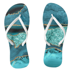 Chinelos Agate Teal Blue Glitter Marble Aqua Turquoise