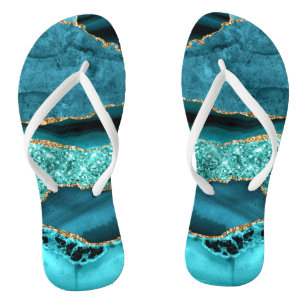 Chinelos Agate Teal Blue Glitter Marble Aqua Turquoise
