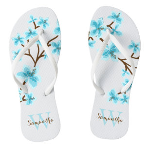 Chinelos Aqua Cherry Blossoms Monogrammed