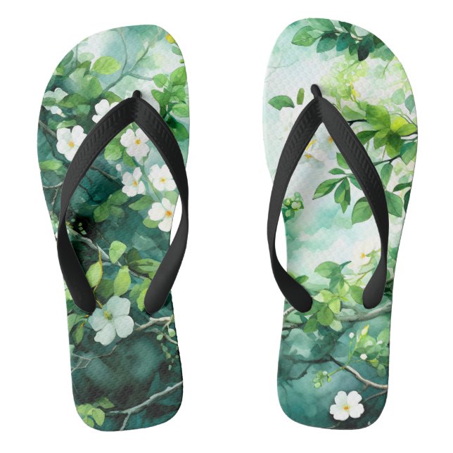 Chinelos Aquarela Botânica Flores Brancas Folhas Verdes (Pé da cama)